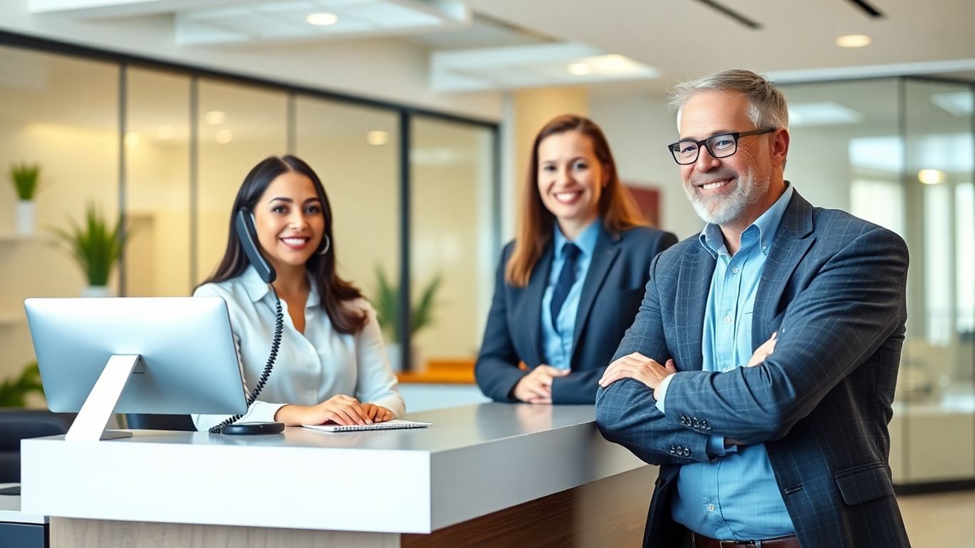 Receptionist and business owner in friendly front desk interaction