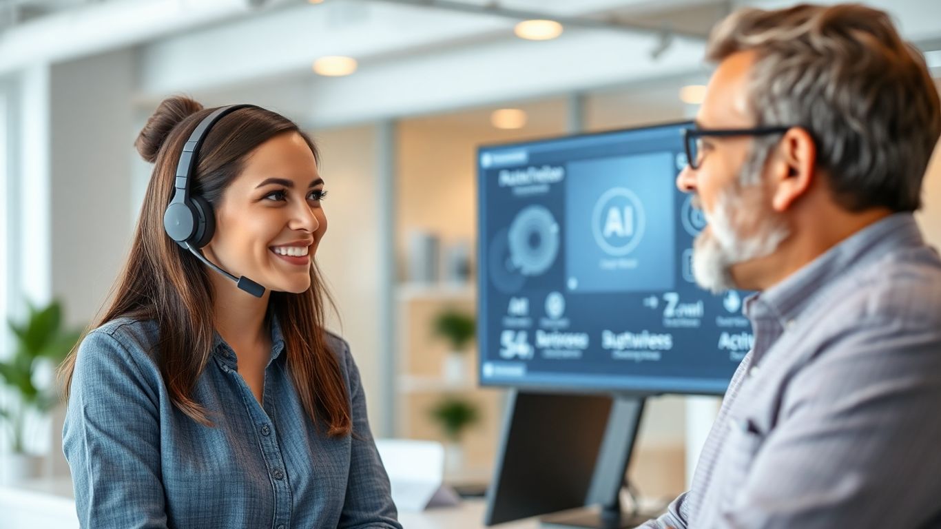 Customer service agent and business owner using AI support