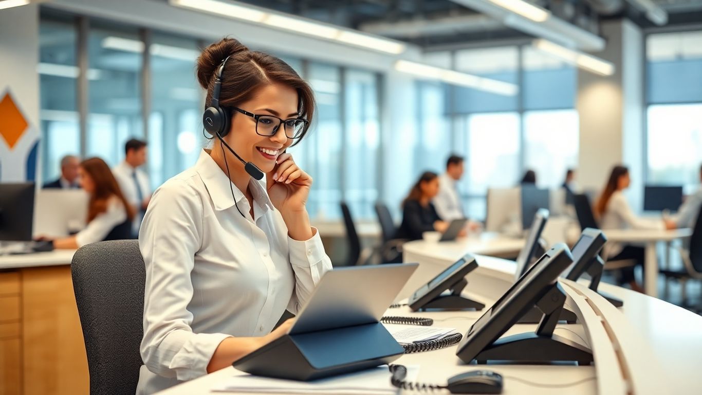 Receptionist with headset managing multiple business phone calls