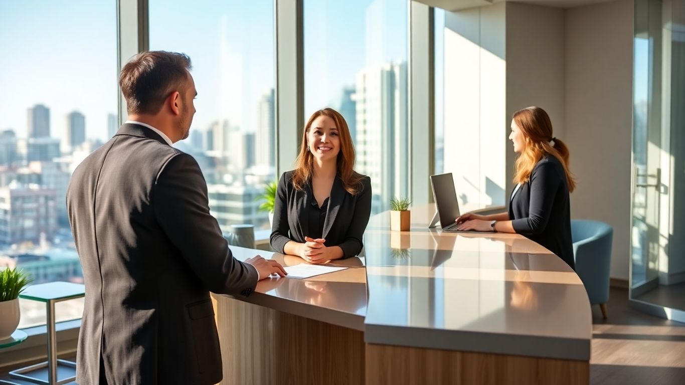 Smiling receptionist greeting clients in a modern office