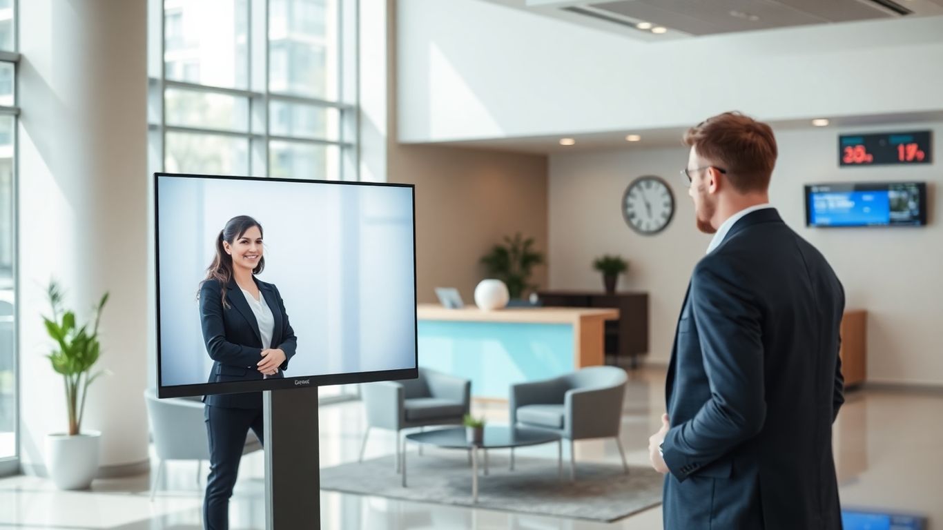 Virtual receptionist greeting businessperson in modern office