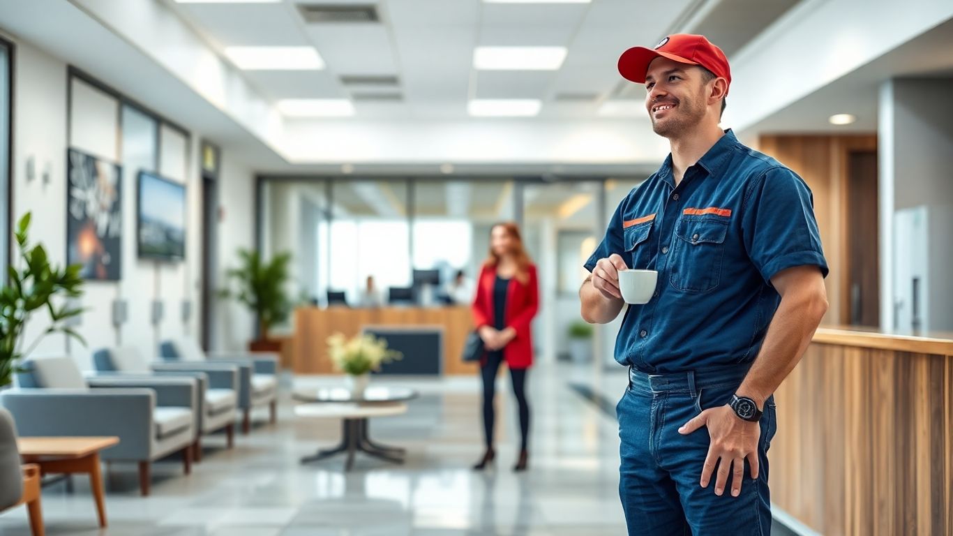 HVAC technician talking with receptionist in modern office