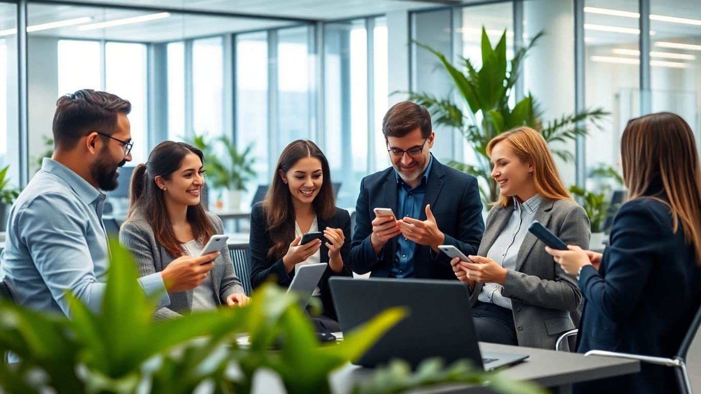 Professionals in modern office using phones and laptops