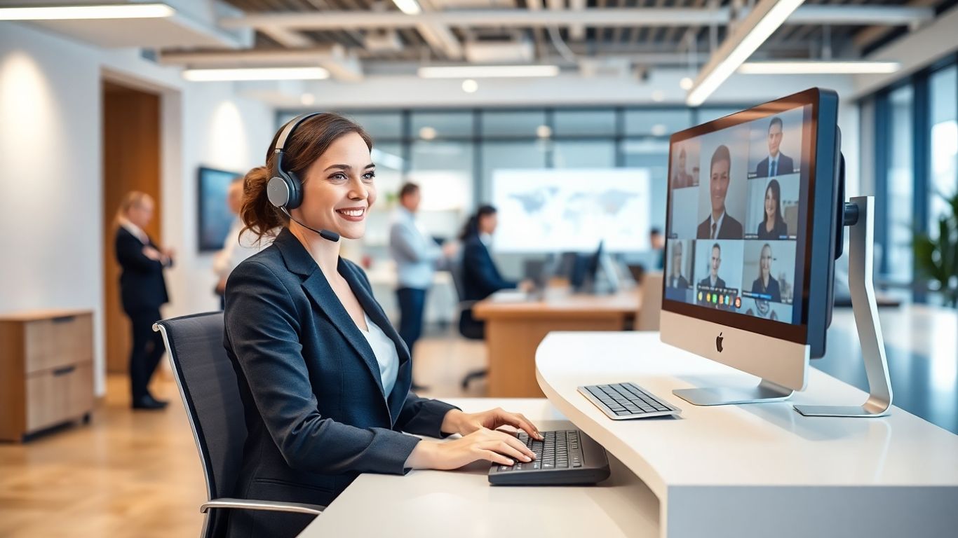 Virtual receptionist assisting clients in modern office setting