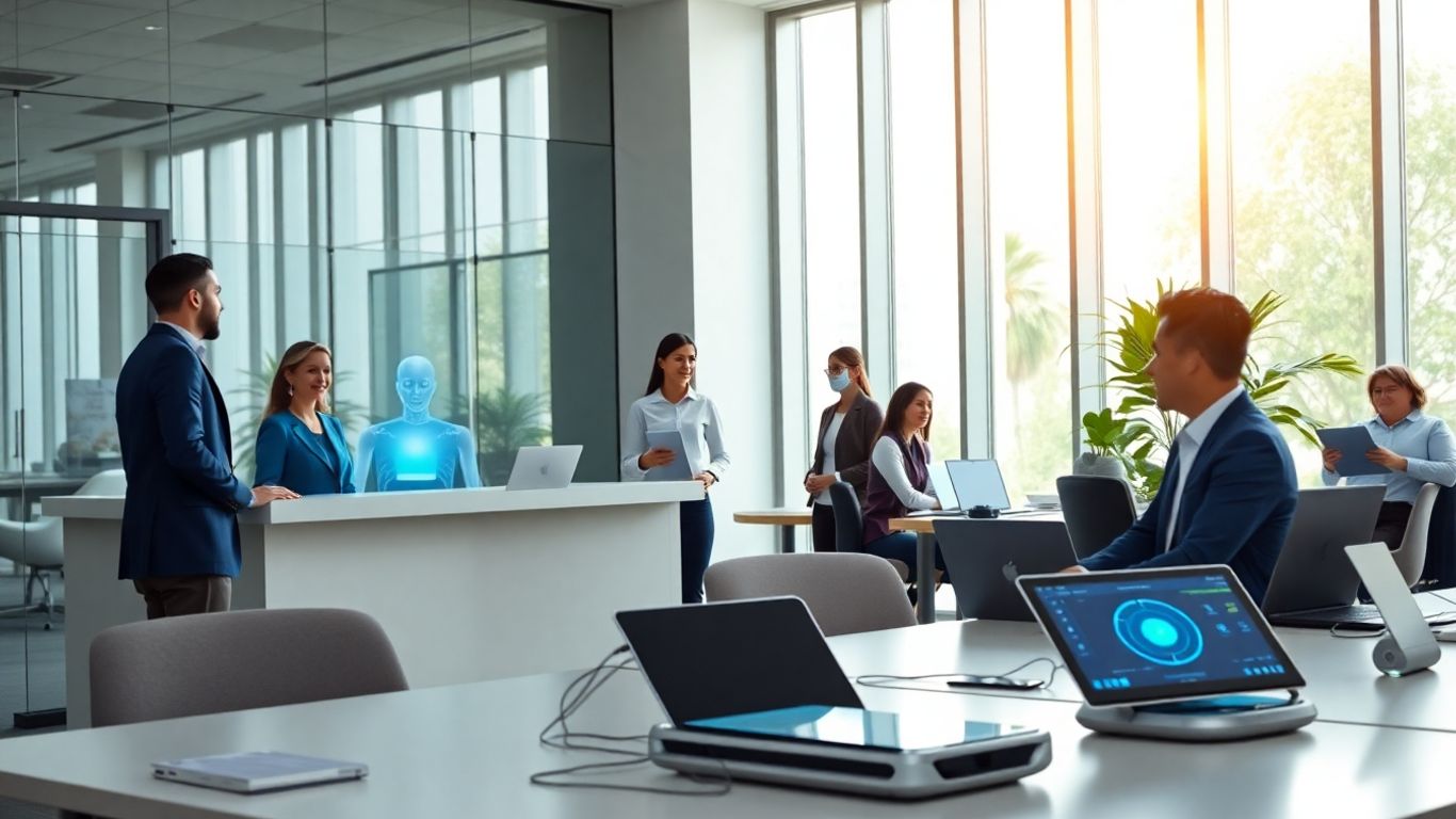 Virtual receptionist greeting professionals in a modern office