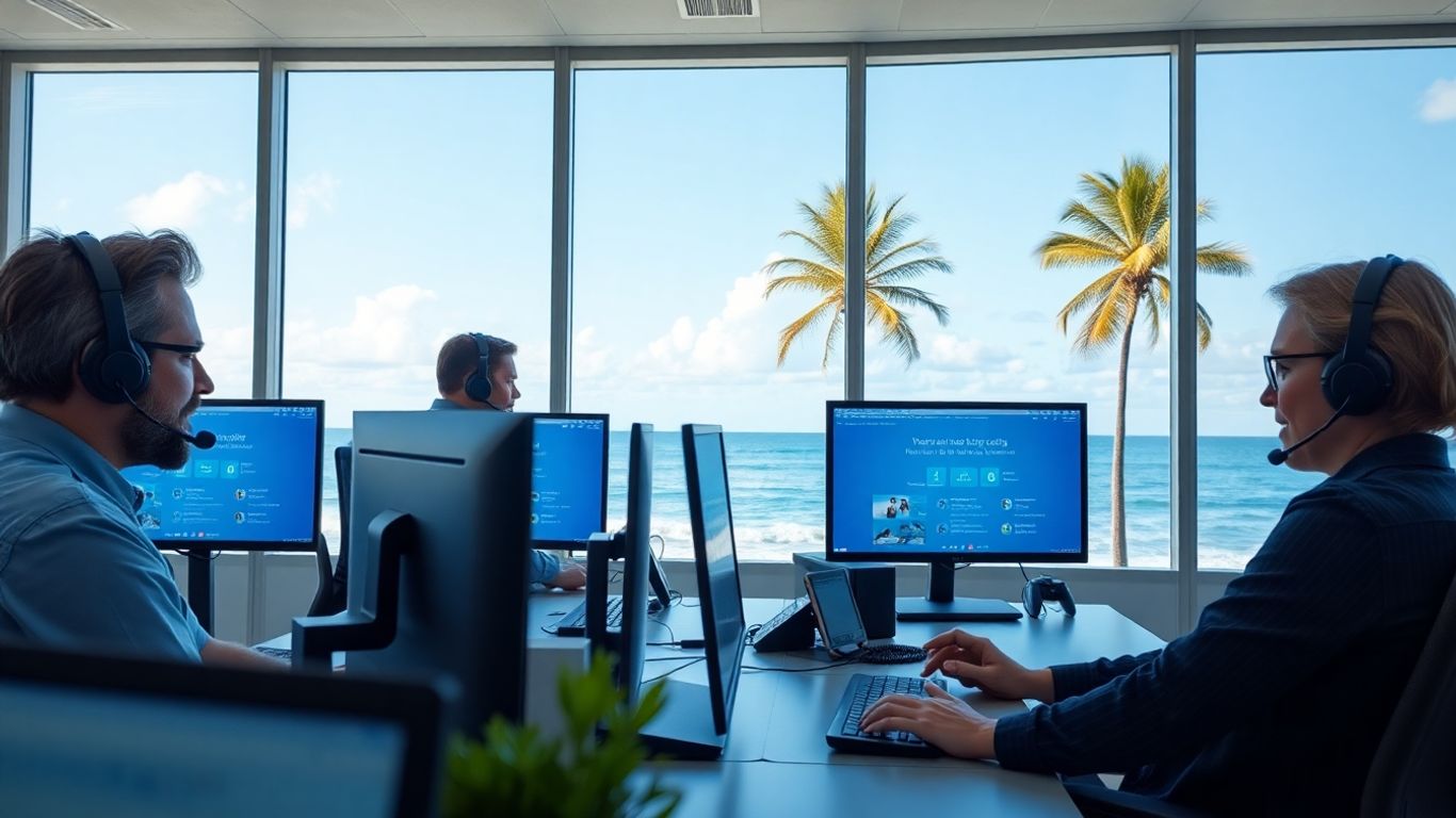 Oceanside office with headset staff managing business calls