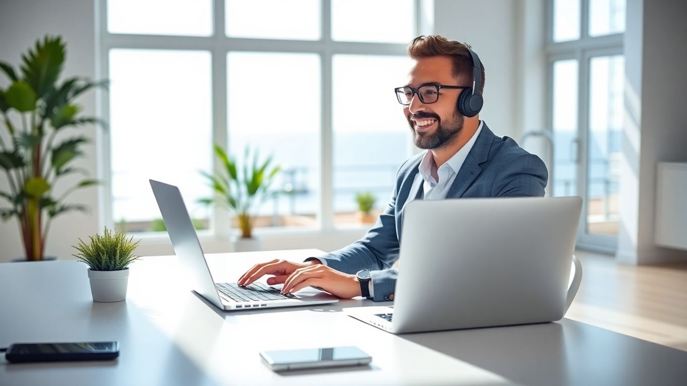 Professional receptionist taking call in oceanfront office