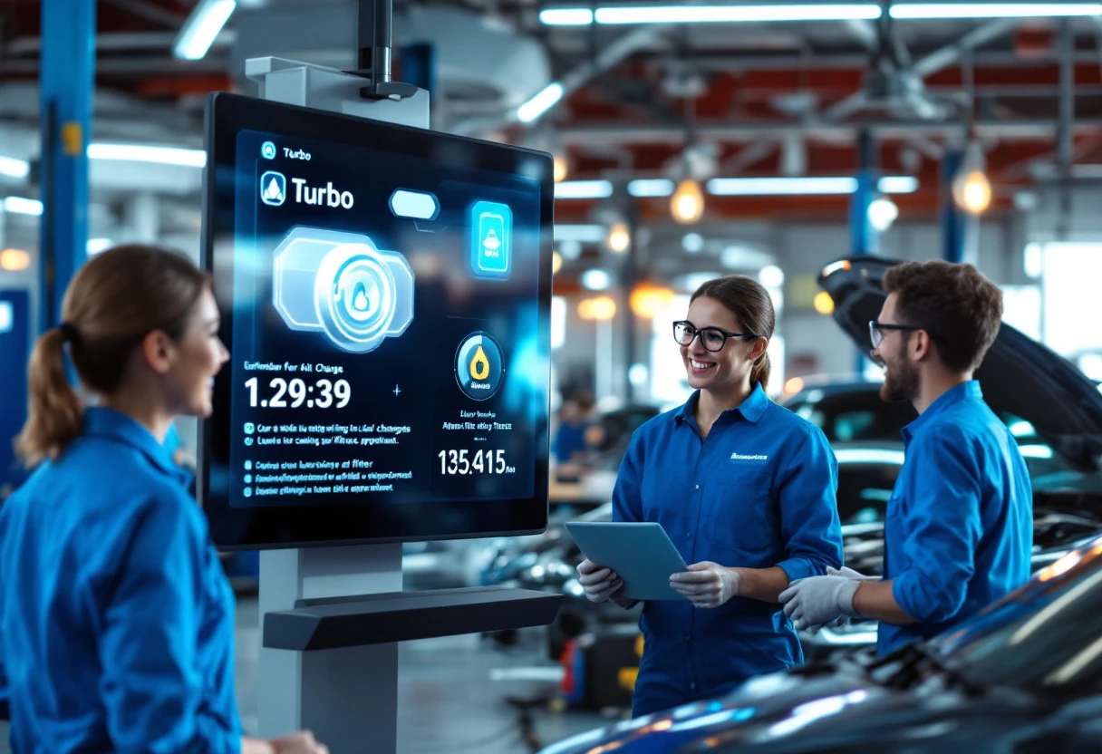 A vibrant image of an automotive service center, showing staff engaging with customers, while a digital screen displays an AI chatbot interface reminding them of their next oil change.