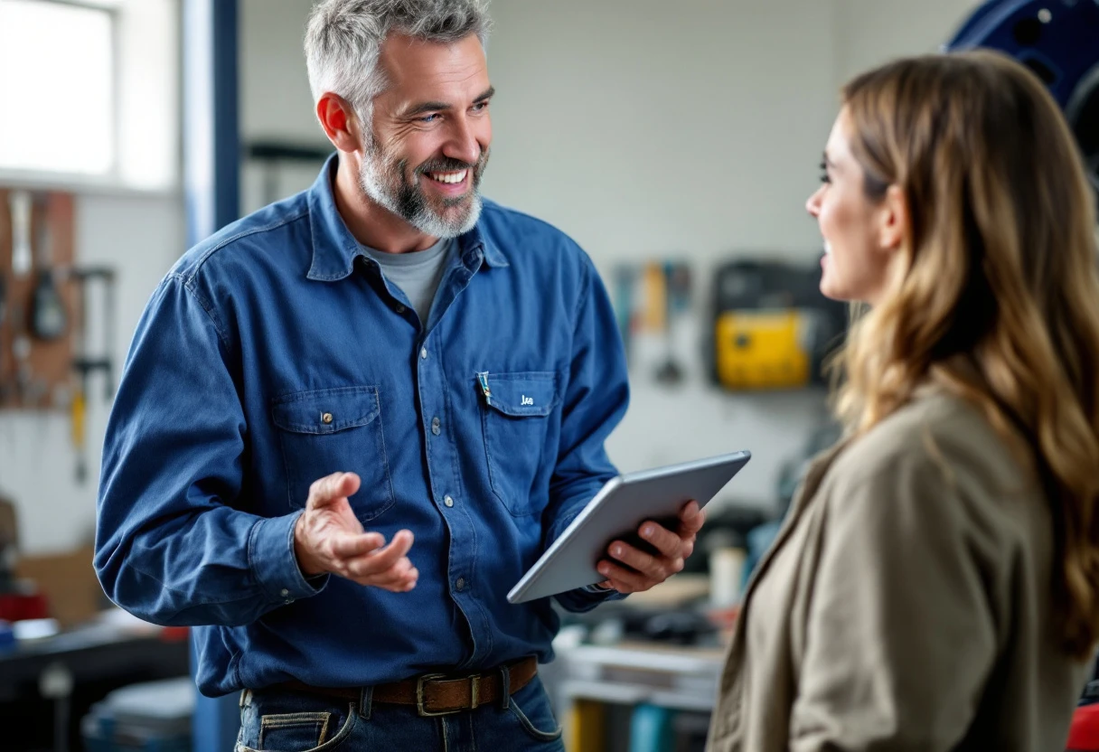 An image showing a friendly mechanic reminding a customer about their upcoming oil change appointment via a digital device.