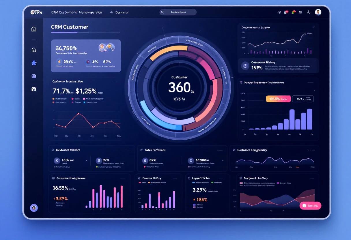 An image showing a modern digital dashboard with graphs and customer information representing CRM integration.