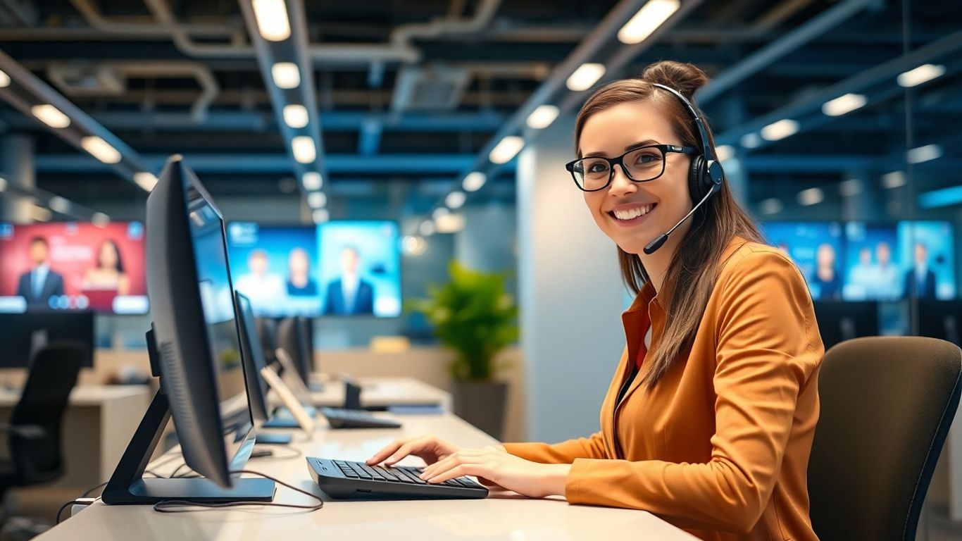 Receptionist with headset answering calls in modern office