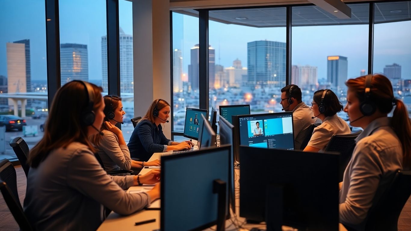 Business professionals on headsets in modern Oklahoma City office