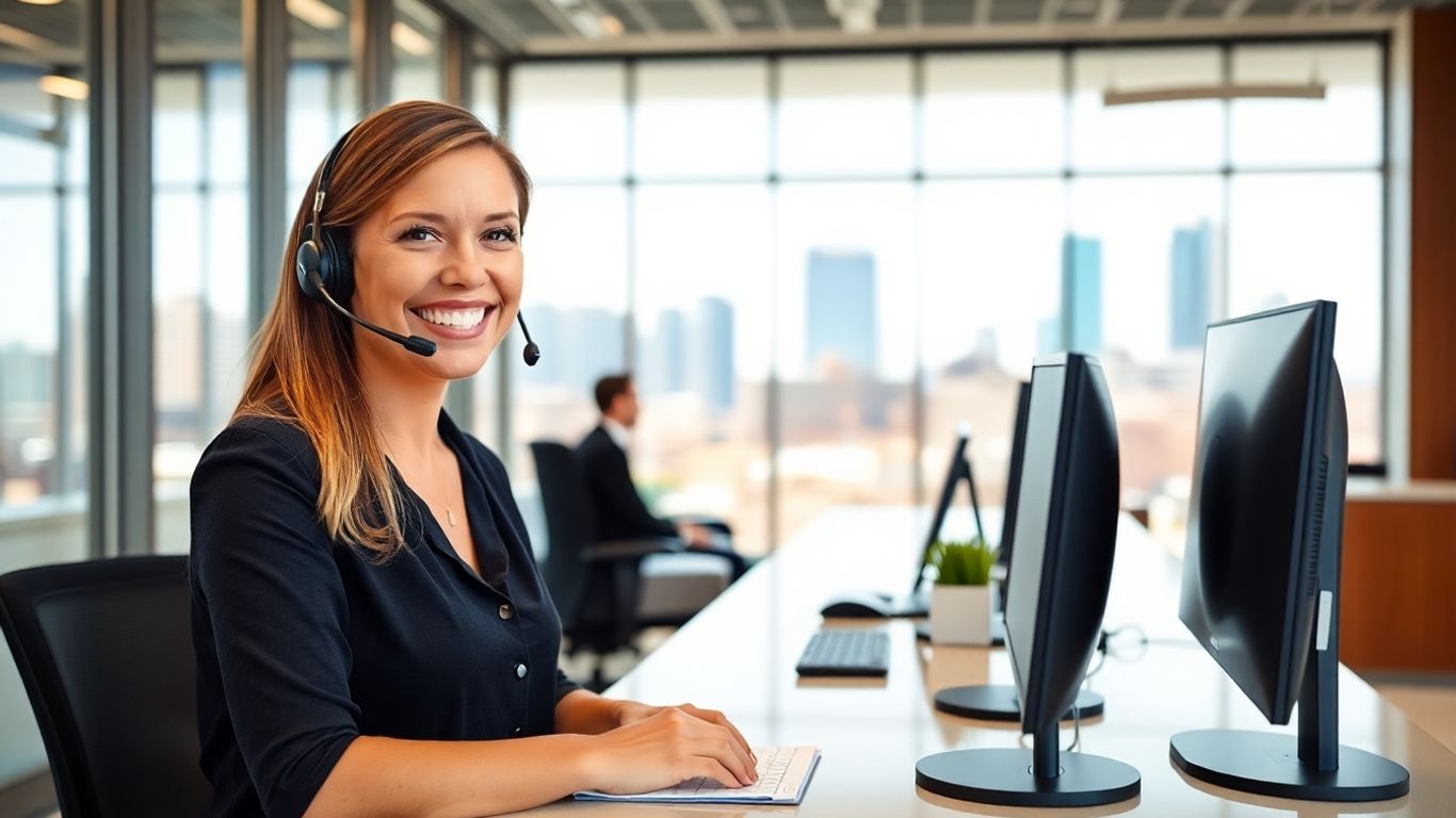 Smiling receptionist with headset in modern Oklahoma City office