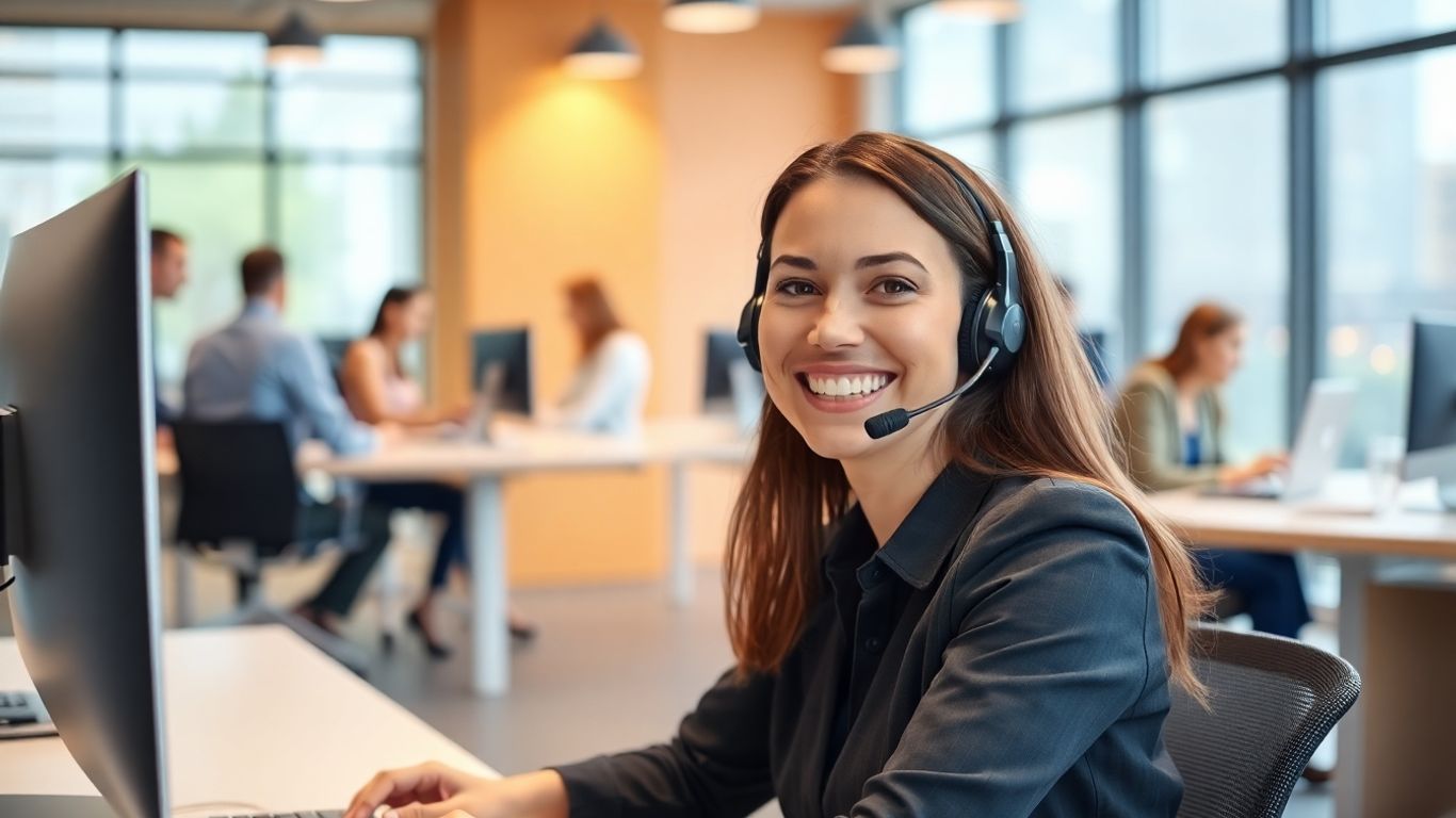 Smiling call center agent assisting Omaha businesses