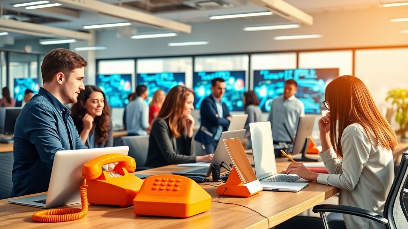 Modern office team and orange phone in collaboration