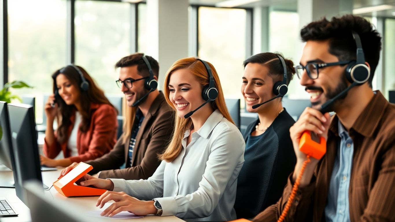 Modern office team with orange phones and headsets.