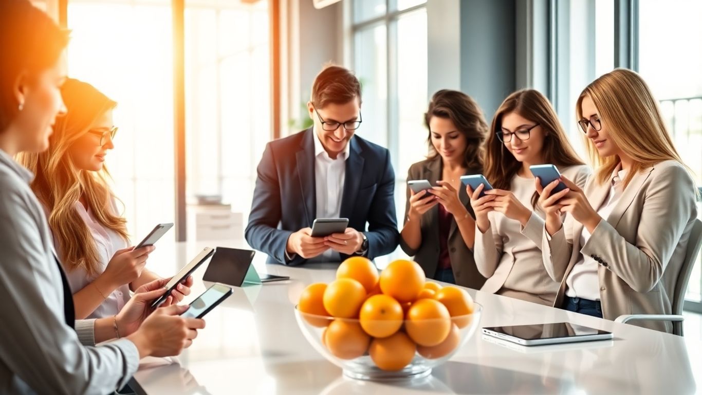 Professionals in office using devices near bowl of oranges
