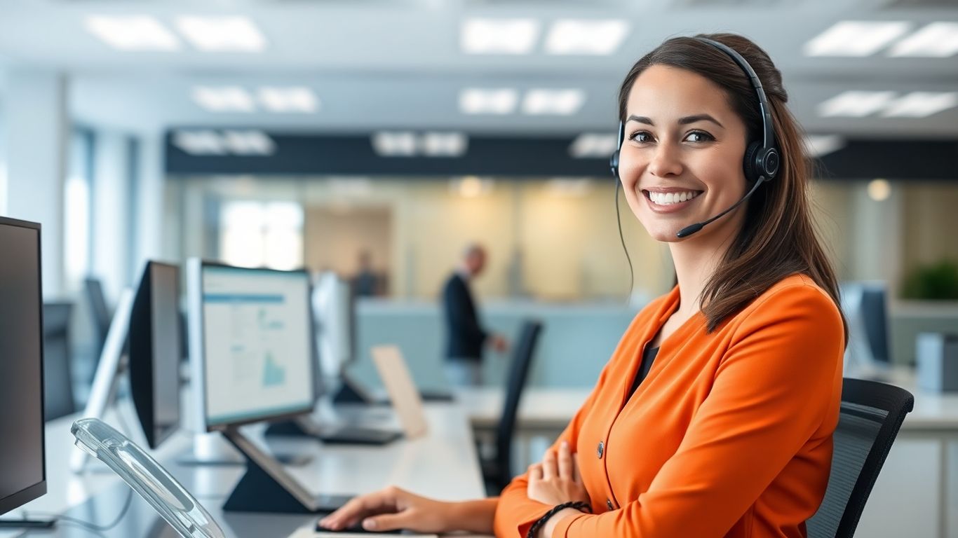 Receptionist with headset in a modern orange-accented office