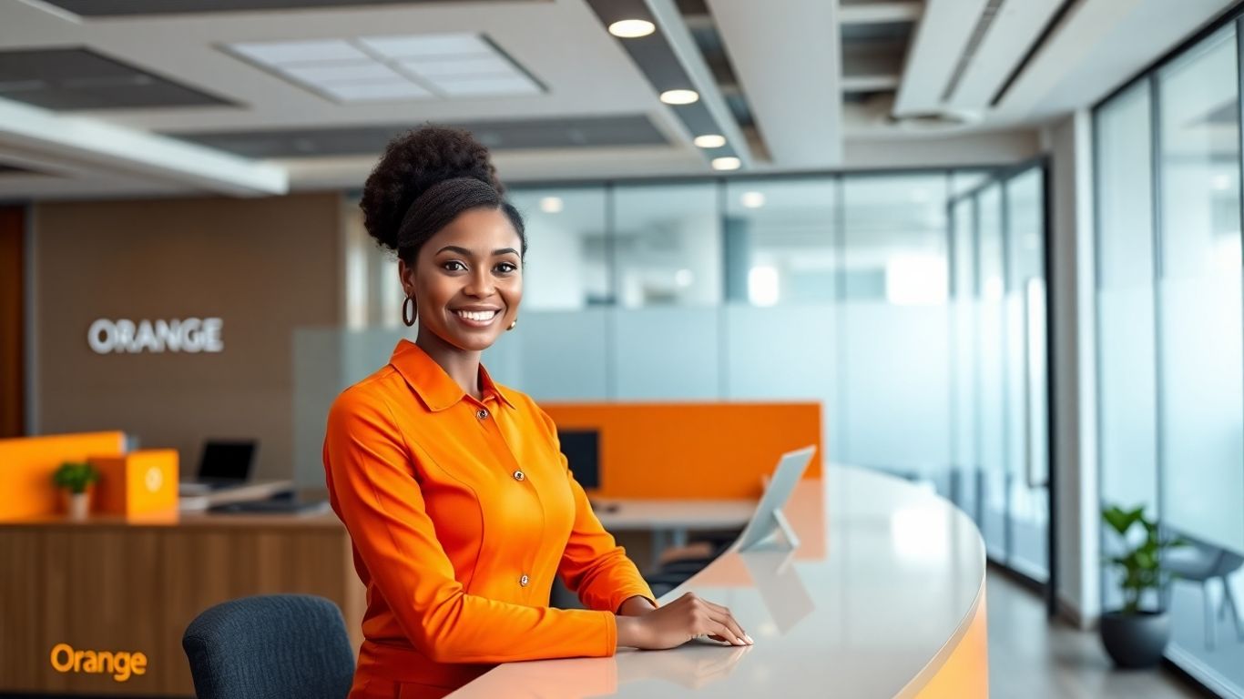 Orange-uniformed receptionist greets visitors in modern office.