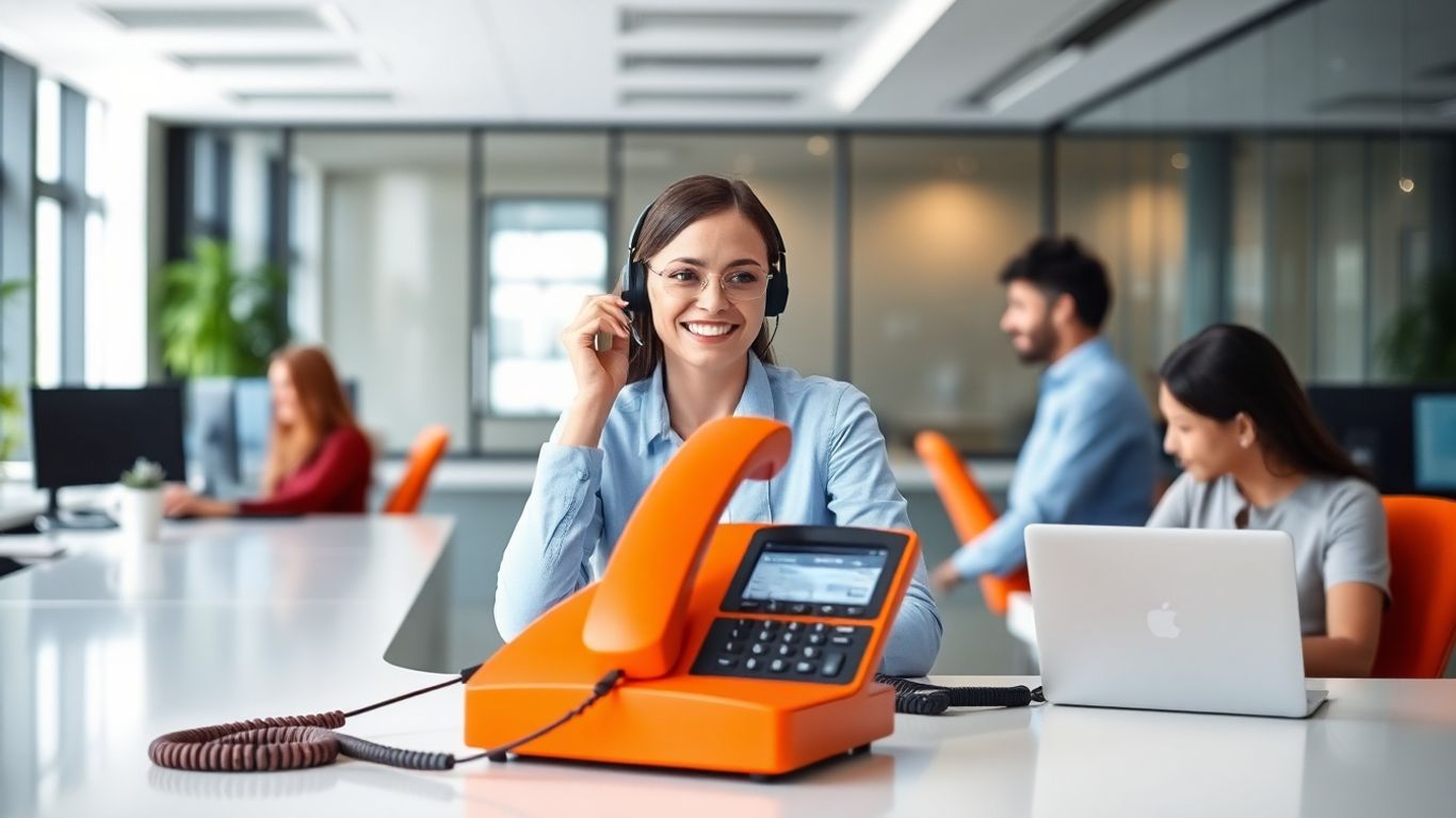 Orange phone with receptionist in modern office setting