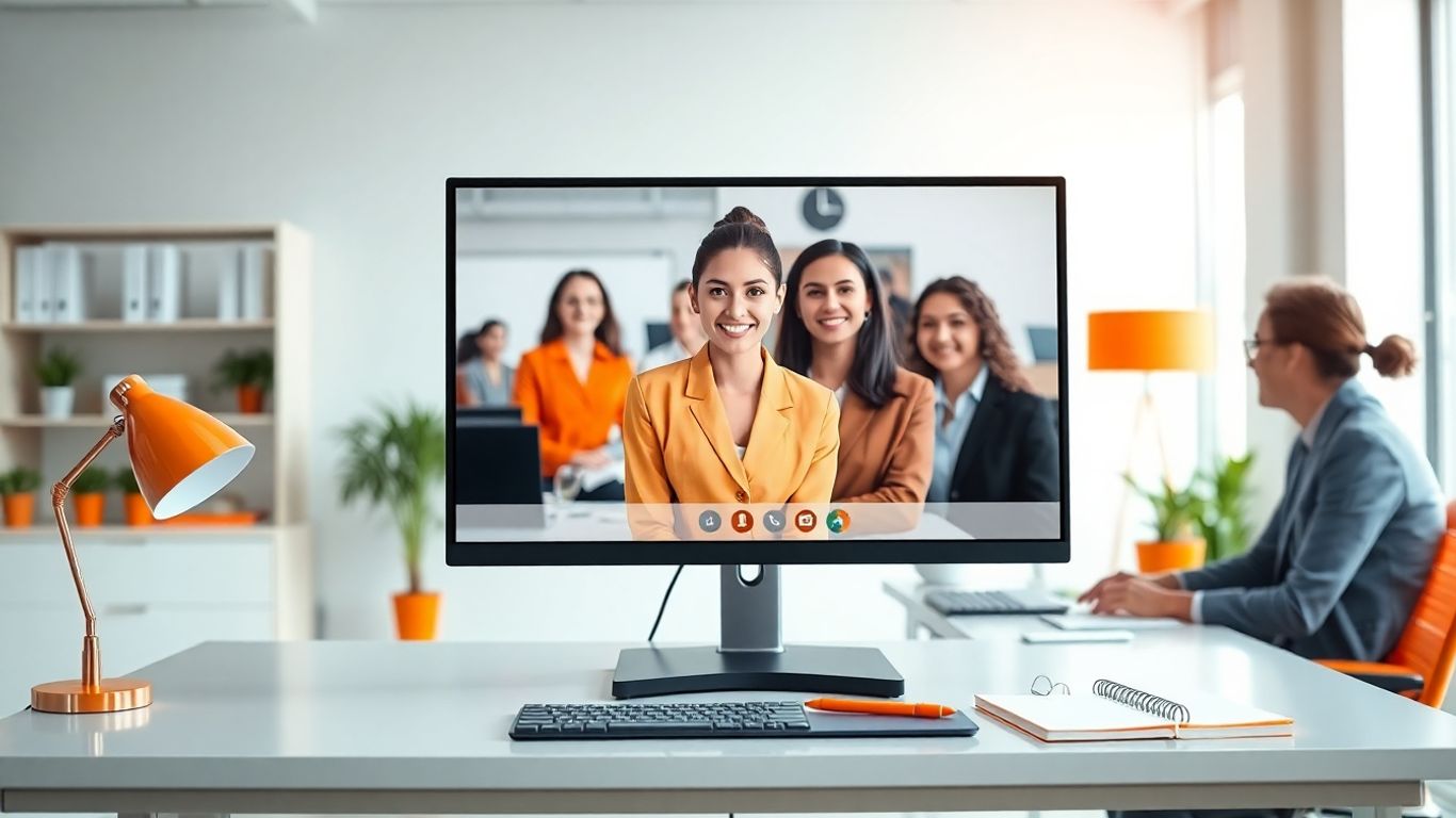 Virtual receptionist on screen with orange office accents