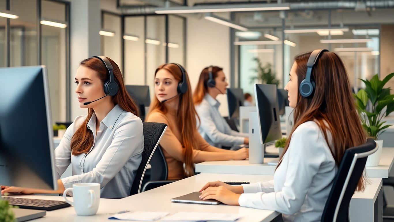 Office team answering calls in a bright workspace