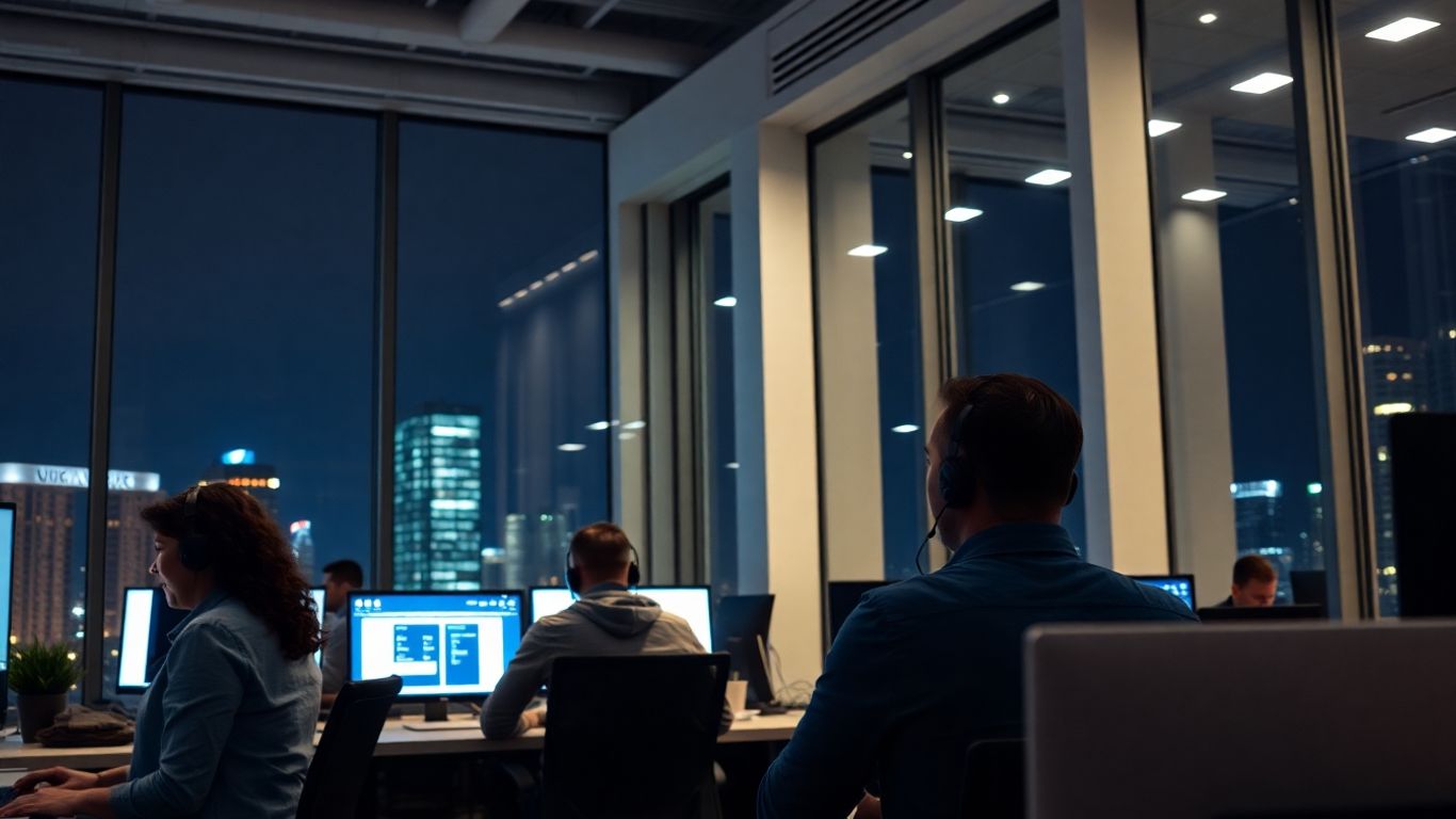 Busy office with employees answering phones at night