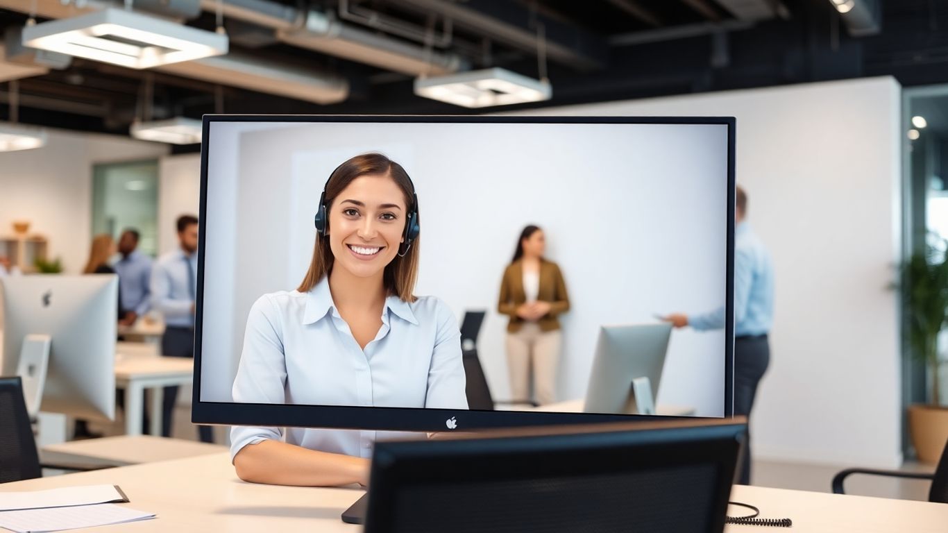 Virtual receptionist on screen in modern Oxnard office