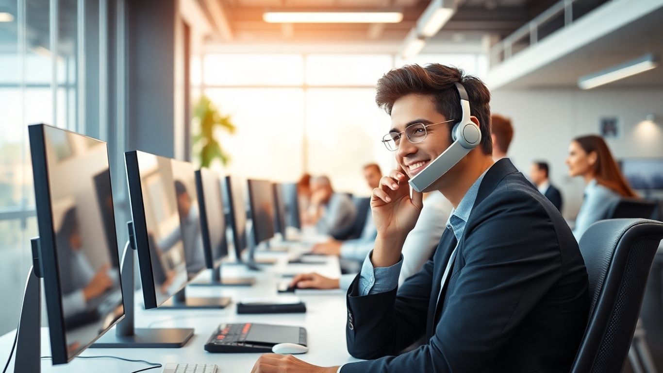 Call center agent answering phone in bright modern office