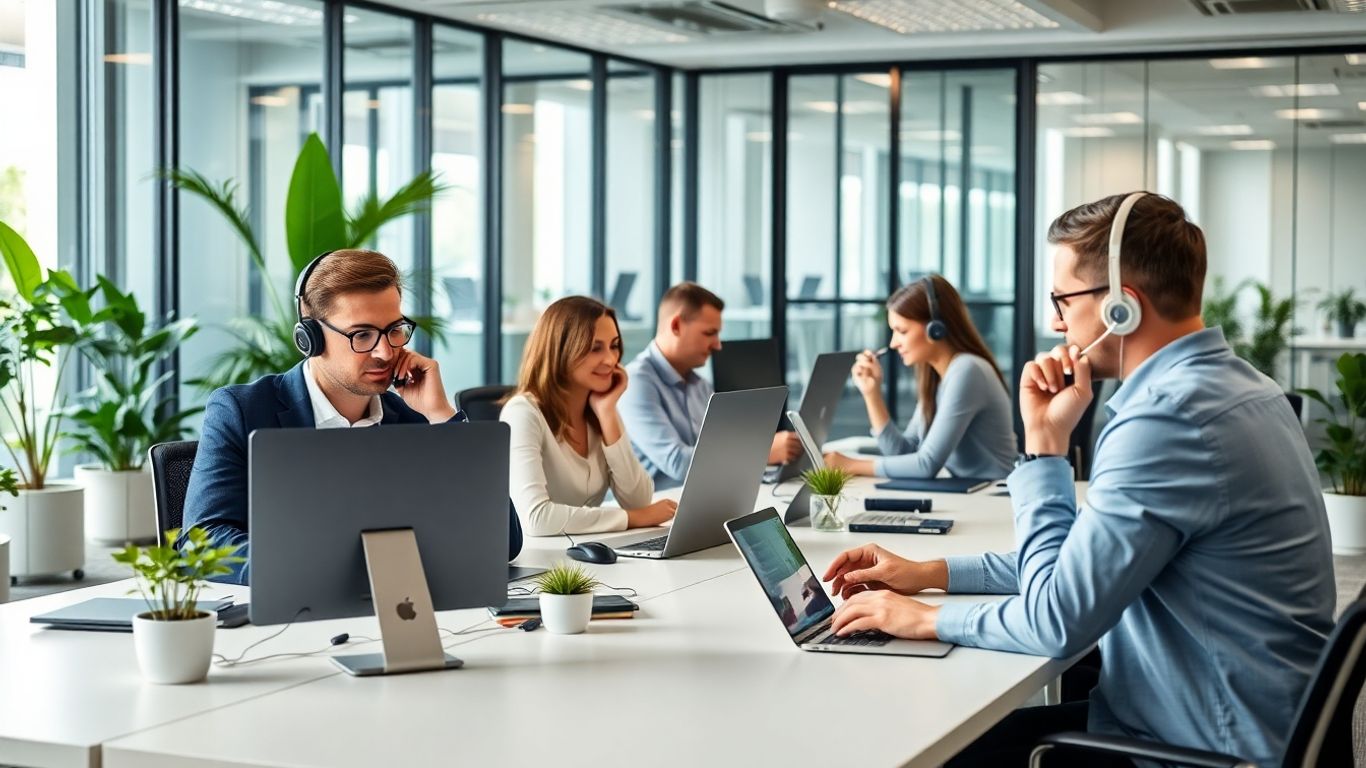 Office workers using headsets in a modern workspace