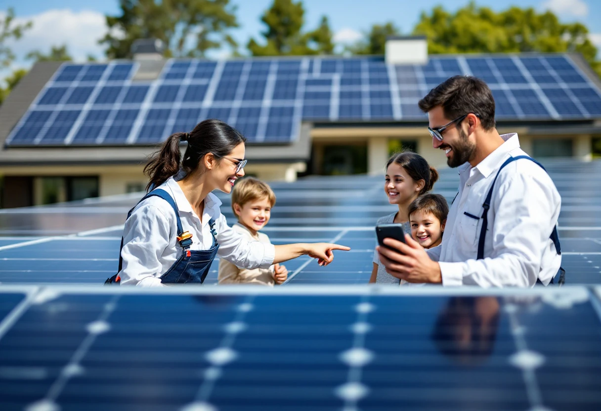 A bright image capturing a solar panel installation with a technician inspecting the equipment while a family watches, symbolizing proactive maintenance and customer engagement