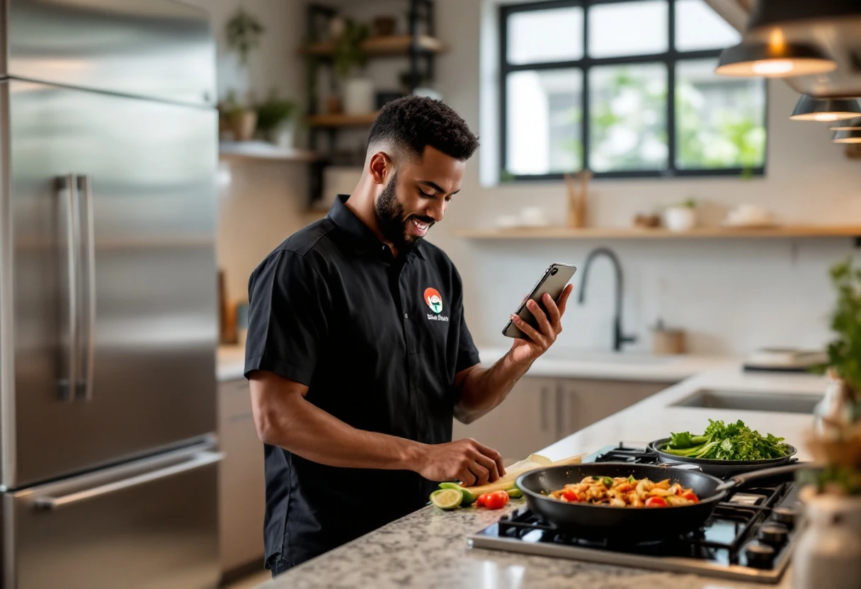 A modern kitchen with a delivery person receiving a smart voicemail notification on a smartphone while preparing food, representing seamless communication in food delivery.