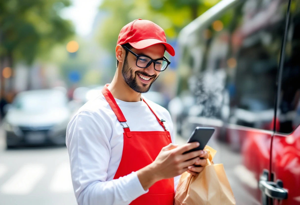 An image depicting a delivery driver holding a smartphone, illustrating the connection between technology and food delivery.