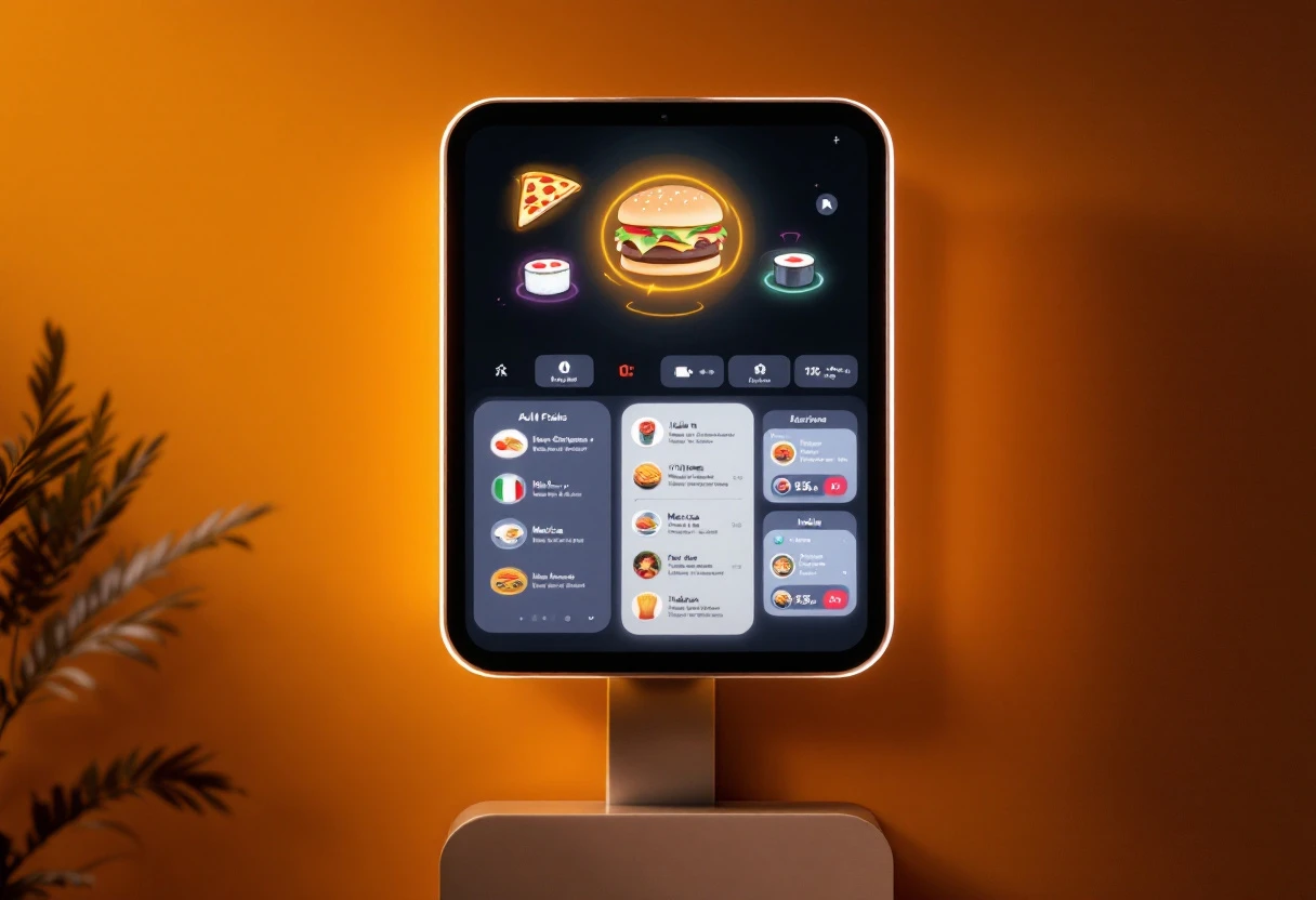 Visual representation of an automated call system interface with food delivery graphics.