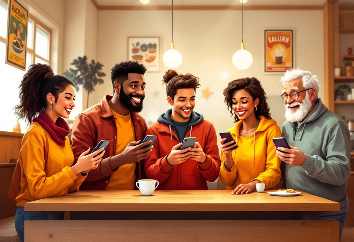 An engaging image showing a diverse group of people receiving confirmation calls upon placing food orders, depicting a warm and trusting atmosphere.