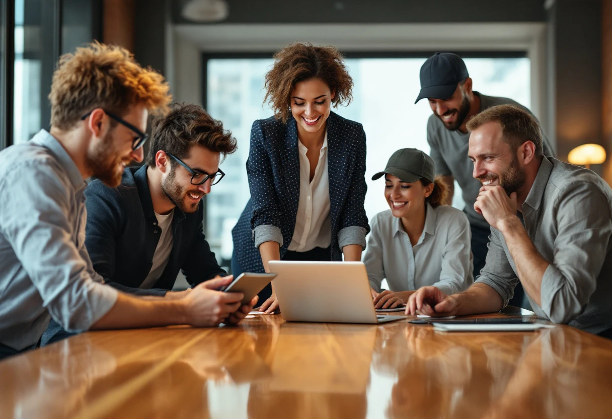 A vibrant image showing a busy sales team around a table analyzing lead statistics on digital devices.