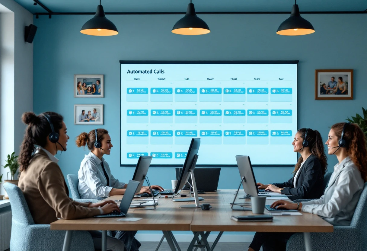 An image depicting a sales team engaging with a calendar filled with scheduled automated calls in an office setting, showcasing the efficiency of automated service scheduling.