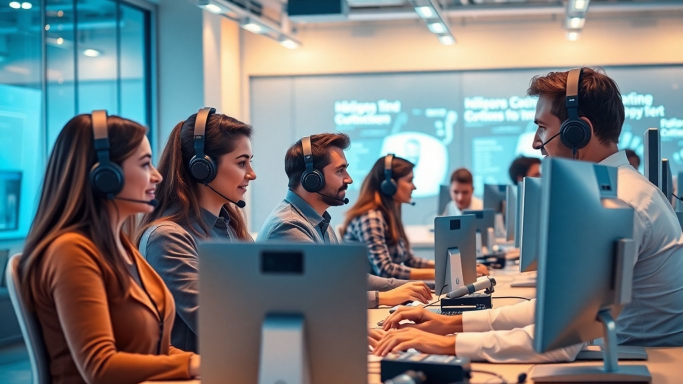 Modern call center agents with futuristic technology working together