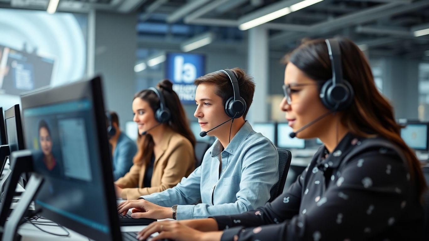 Futuristic call center with diverse professionals and advanced technology