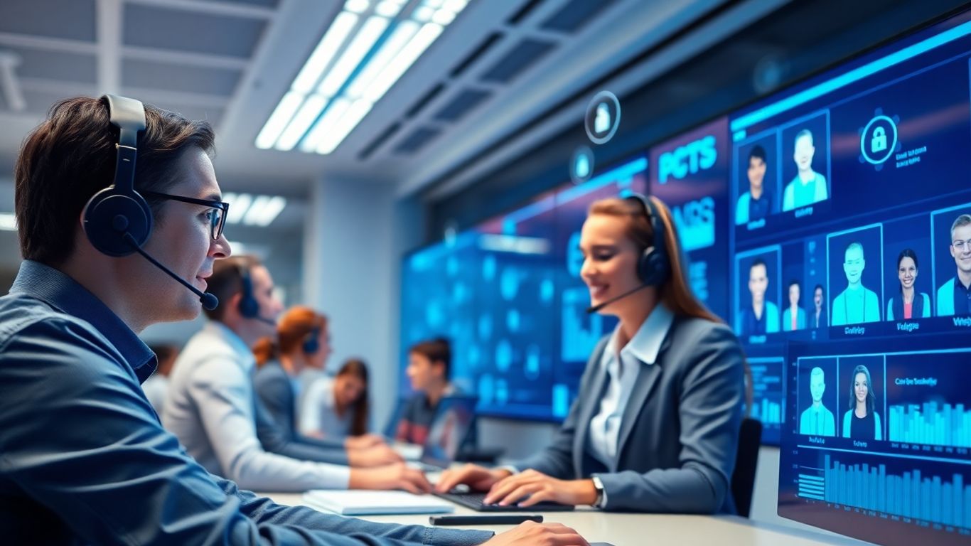Call center agents work with futuristic digital CRM interfaces