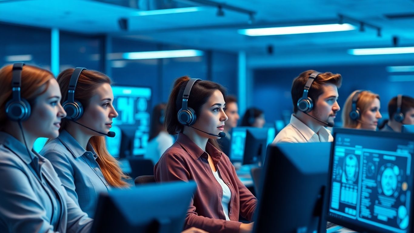 Futuristic call center agents with AI assistants at work