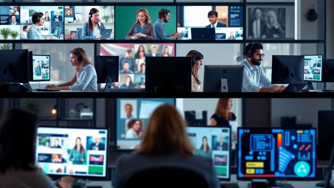 Diverse call center agents working remotely and in-office