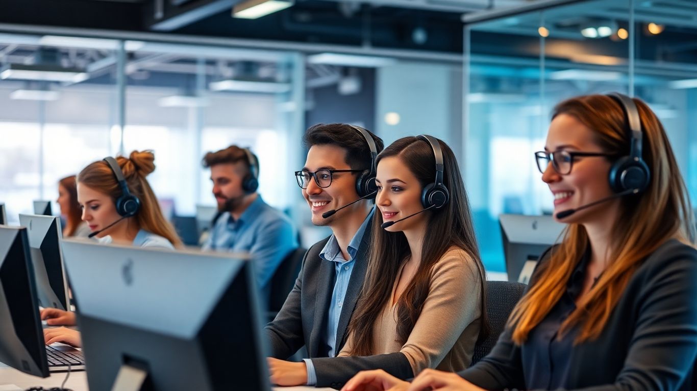Call center agents working at desks with headsets
