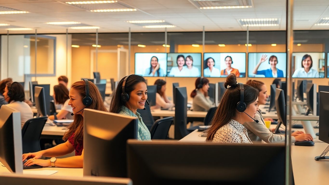 Modern call center agents working at desks with headsets.