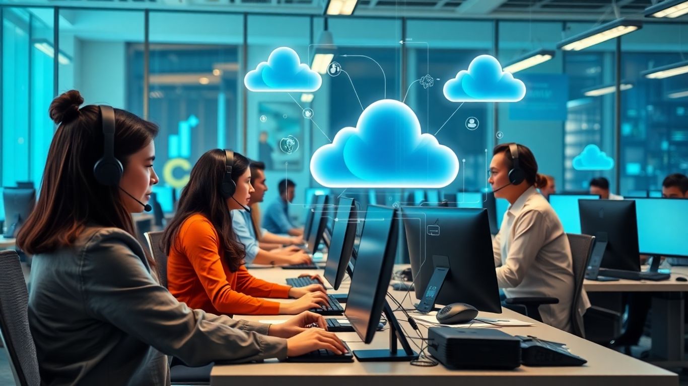 Photographic image of futuristic call center agents with headsets