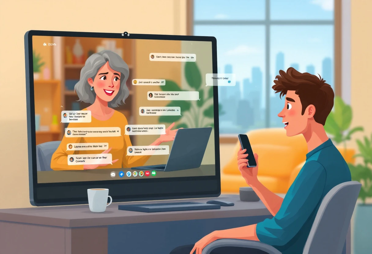 Image of a split screen showing a career counselor on a video call, with SMS notifications appearing on the client’s smartphone in the foreground, symbolizing modern communication tactics in career counseling.