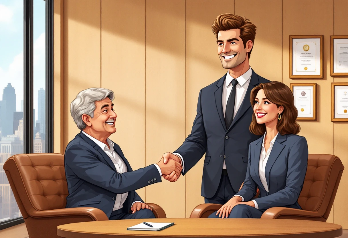 An engaging visual showing a confident salesperson successfully closing a deal with a client.