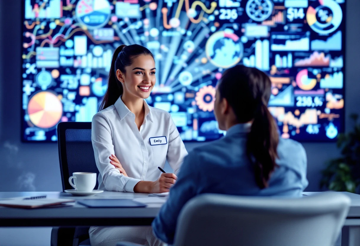 A vibrant visual showing a customer service representative engaged in a follow-up conversation with a client, surrounded by data analytics displayed on a screen.