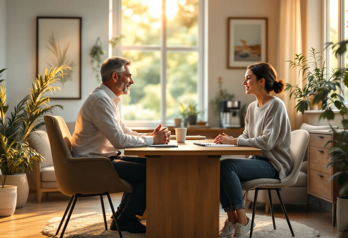 A lively office environment where a counselor is engaging with a client during a follow-up meeting, showcasing a collaborative atmosphere.
