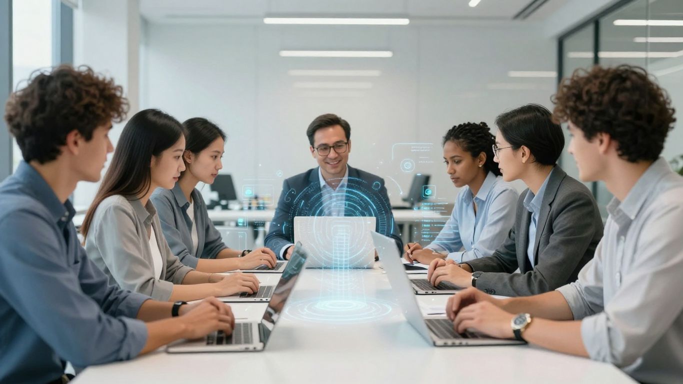 Team collaborating with futuristic AI sales technology.
